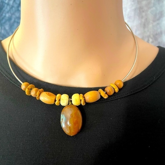 Boho inspired silver w/brown bead collar necklace - Picture 1 of 3